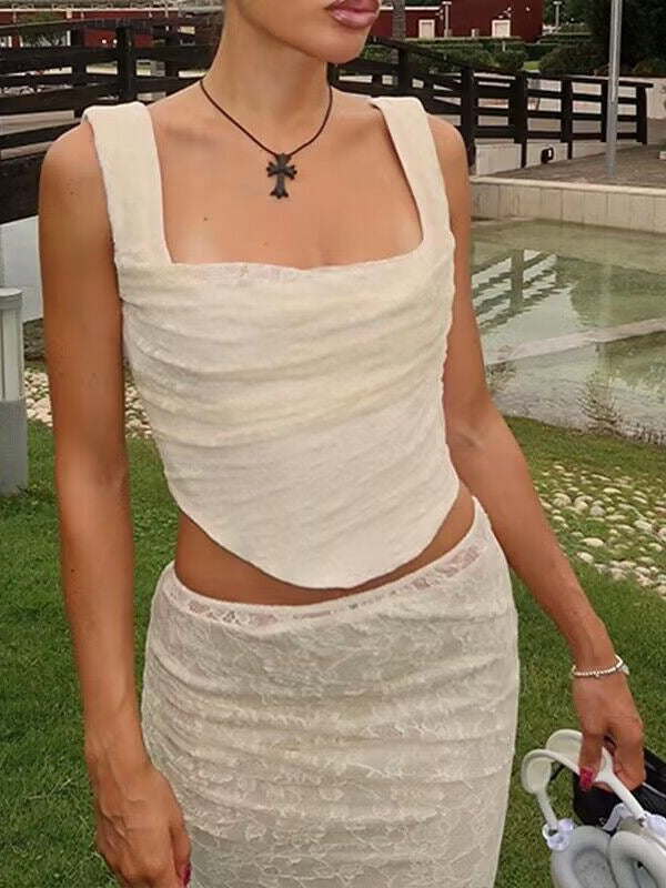 Women's Spring Summer Sexy Pleated Strap Top Chic Lace Skirt Two Piece Set 4