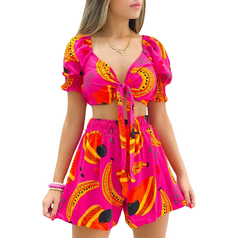 Women Clothes Lace Up Short Summer Sleeve Print Suit Shorts V-Neck Top Two Piece Set 8