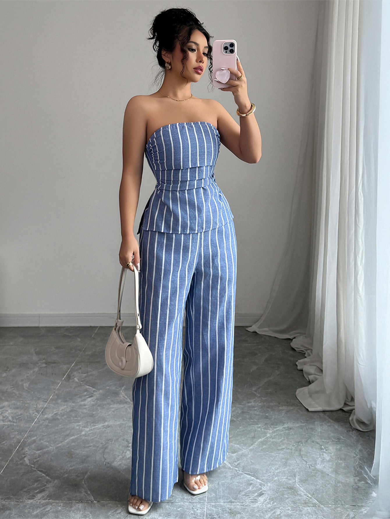 Spring/Summer Women's Fashion Casual Elegant Striped Strapless Vest & Trousers Two-Piece Set 6