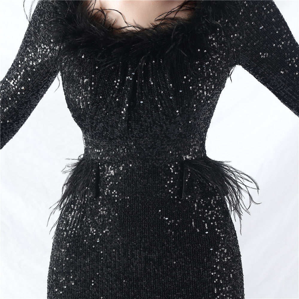 Women ostrich feather long-sleeved sequined evening dress 24
