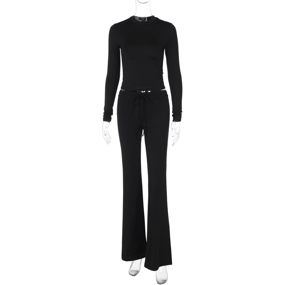 Women Autumn and Winter Crop Long Sleeve Top Lace Bell Bottom PantTwo Piece Set 12