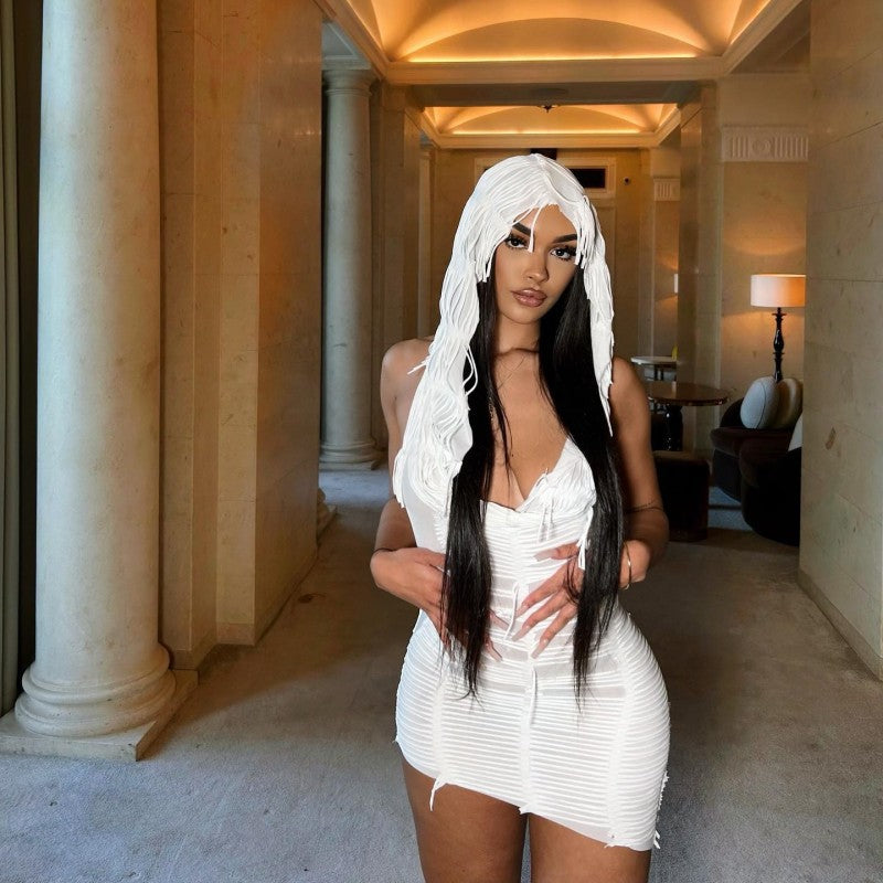 Women summer Solid Casual sleeveless hooded tassel dress