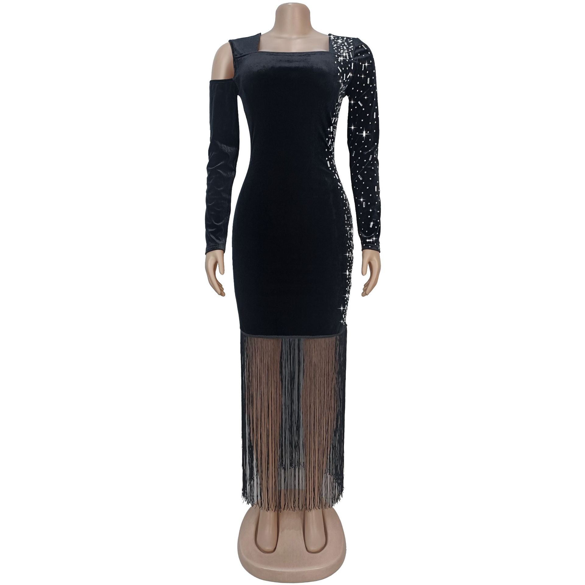Fashion Women's Sexy Beaded Fringe Long-Sleeve Bodycon Dress 4