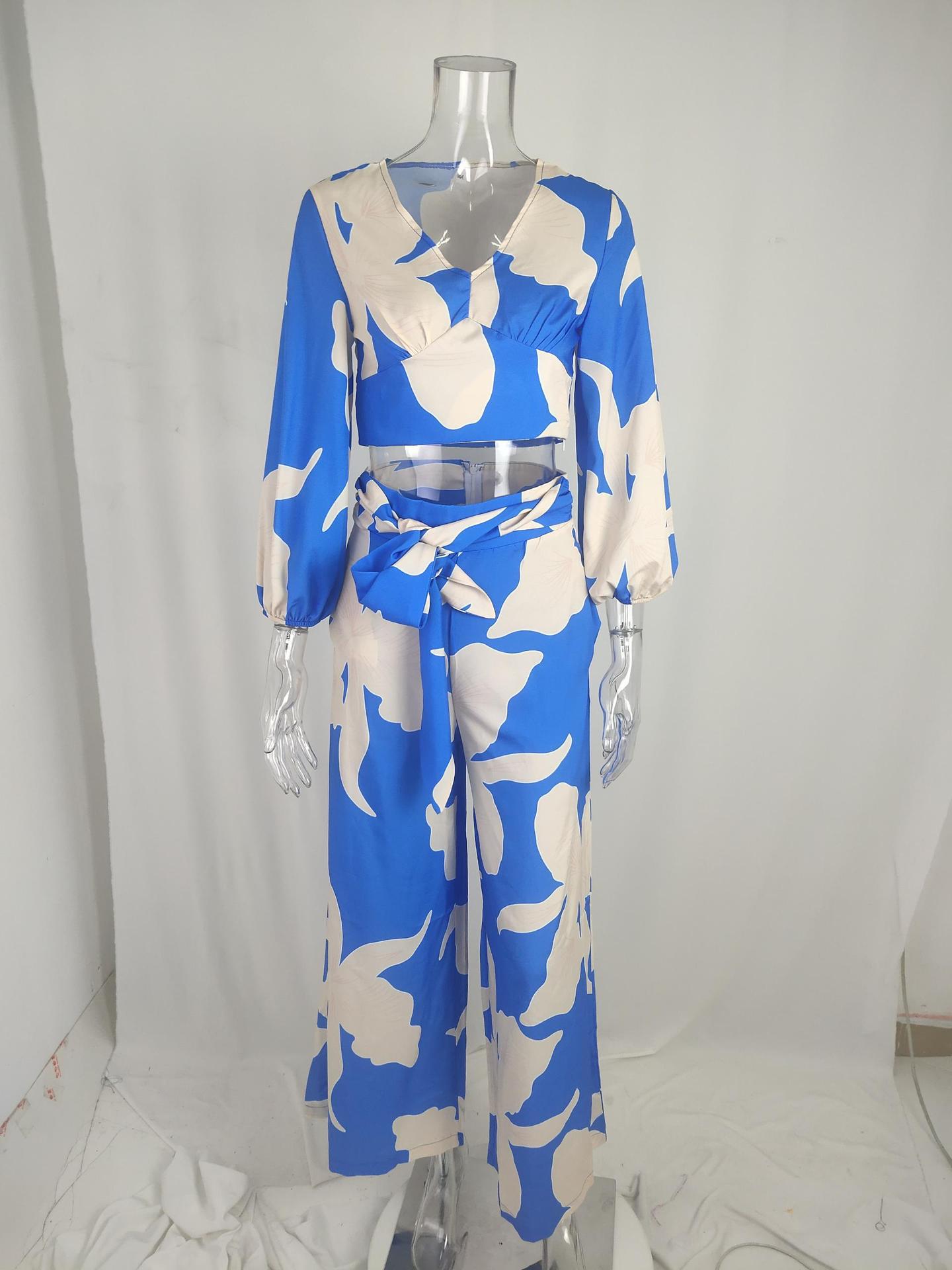 Women v-neck lantern sleeve short top and wide-leg pants two-piece set 26