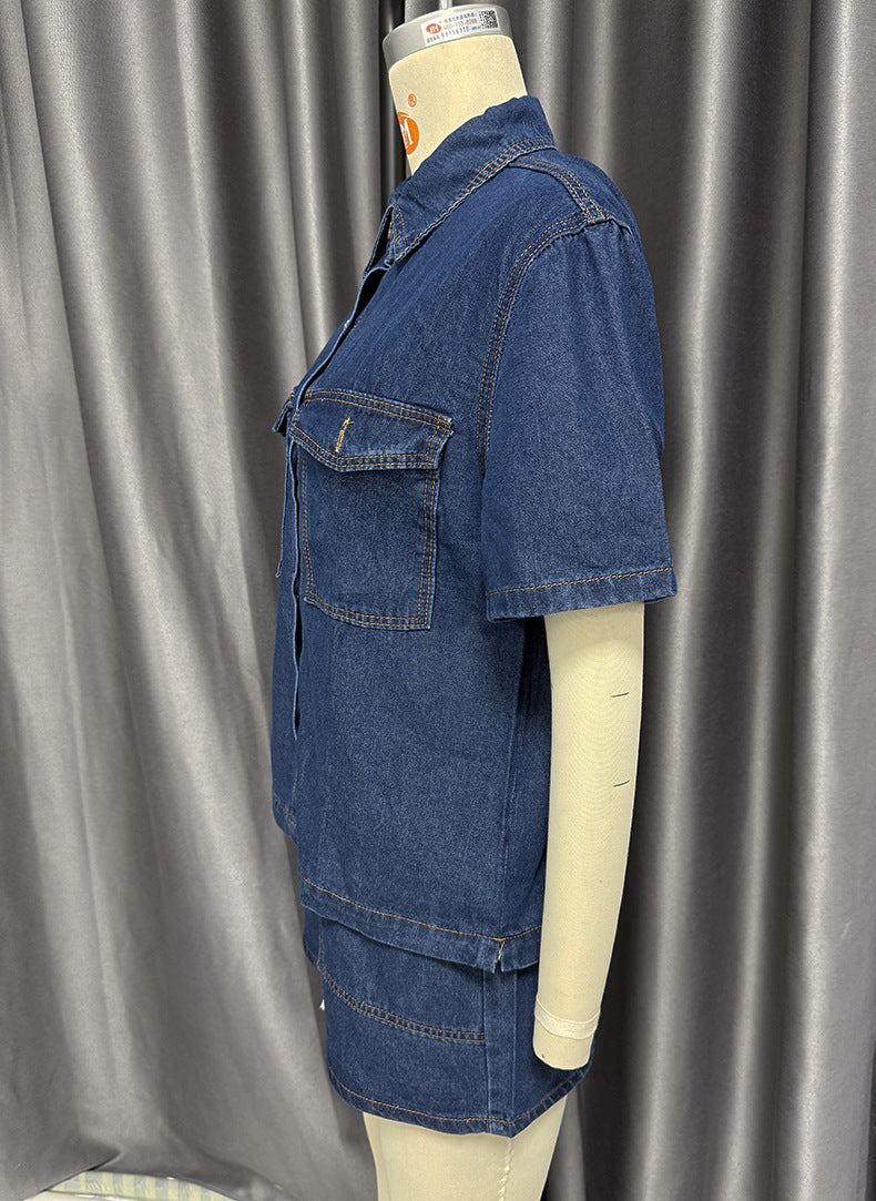 Women Retro Casual Pocket Short Sleeve Shirt and Denim Shorts two-piece set 17