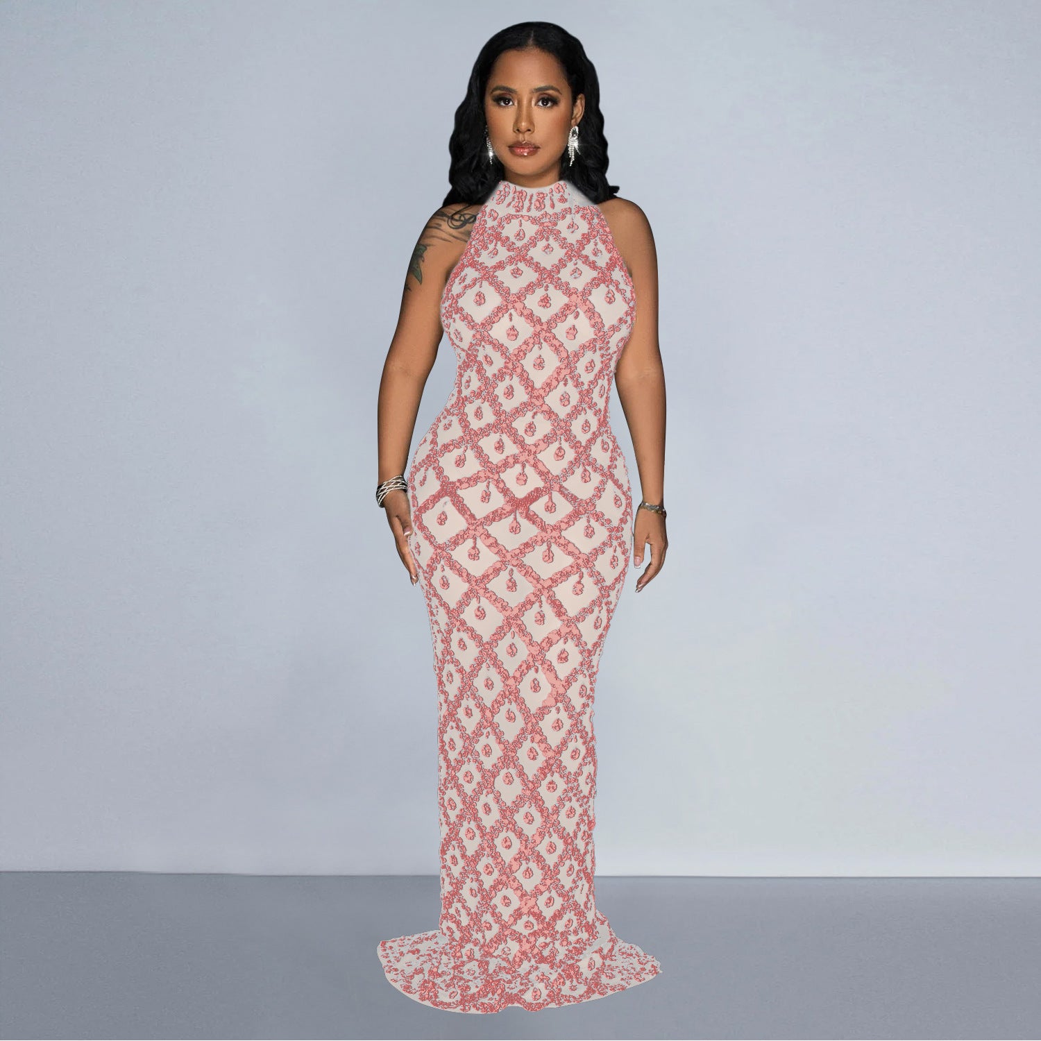 Women Solid Sequin Halter Neck Backless Maxi Dress 9