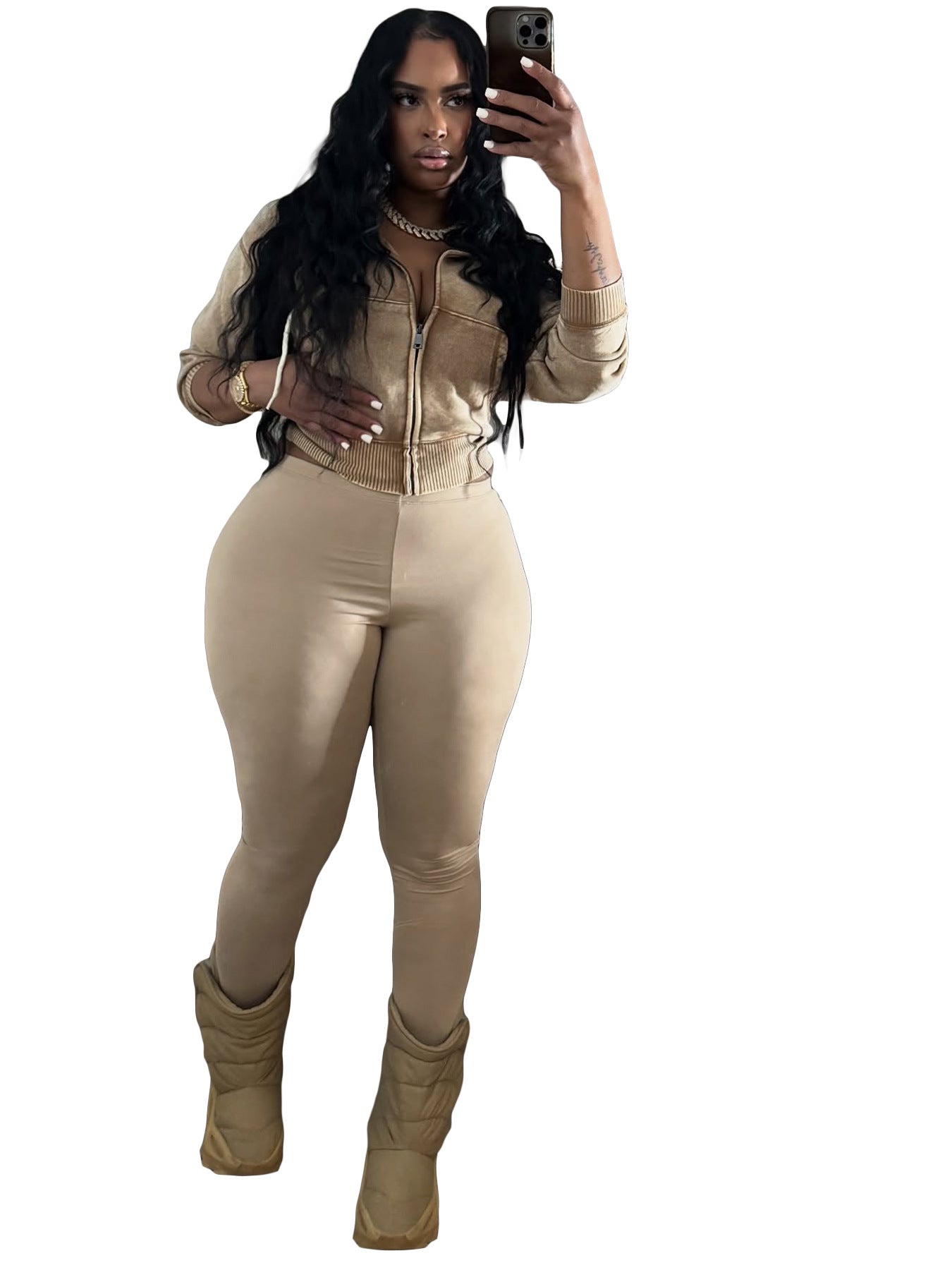 Fashion Women's Washed Zipper Hooded Top Yoga Pants Sport Casual Two-Piece Set 37