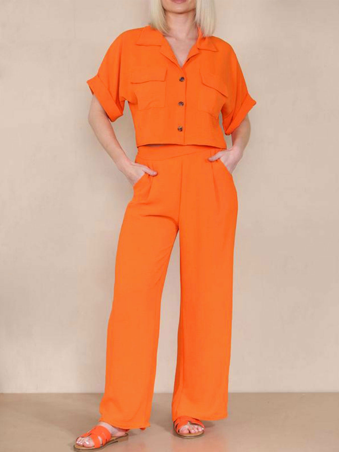 Women Casual Orange Short Sleeve Top and trousers two-piece set