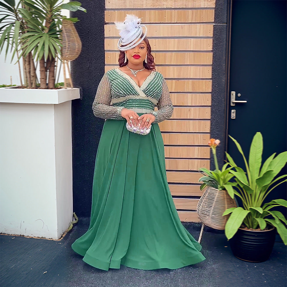 Plus Size African Women Autumn Lace Patchwork Sequins Dress