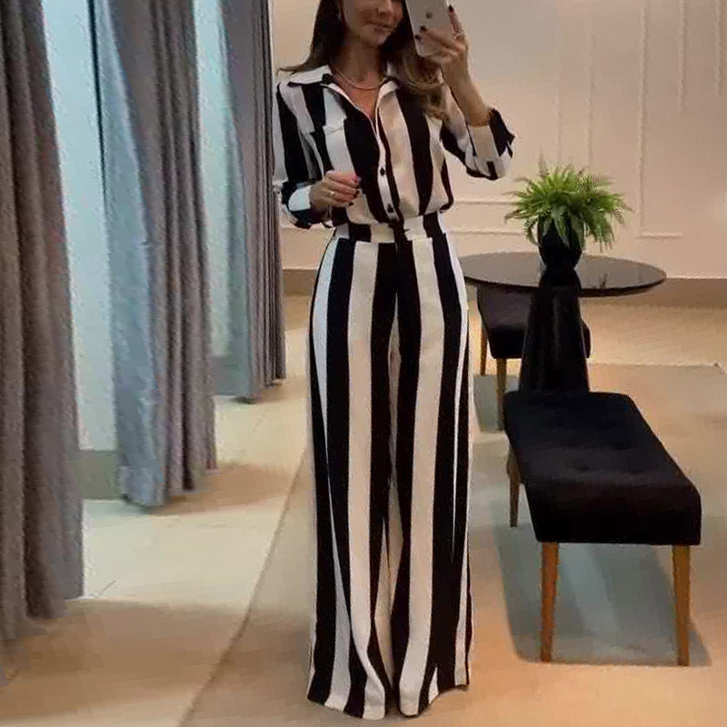 Black & White Striped Button Pocket Shirt Wide-Leg Pants Set 3