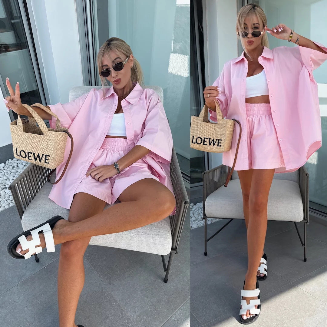 Women spring and summer Casual Solid short-sleeved shirt loose shorts two-piece set 6
