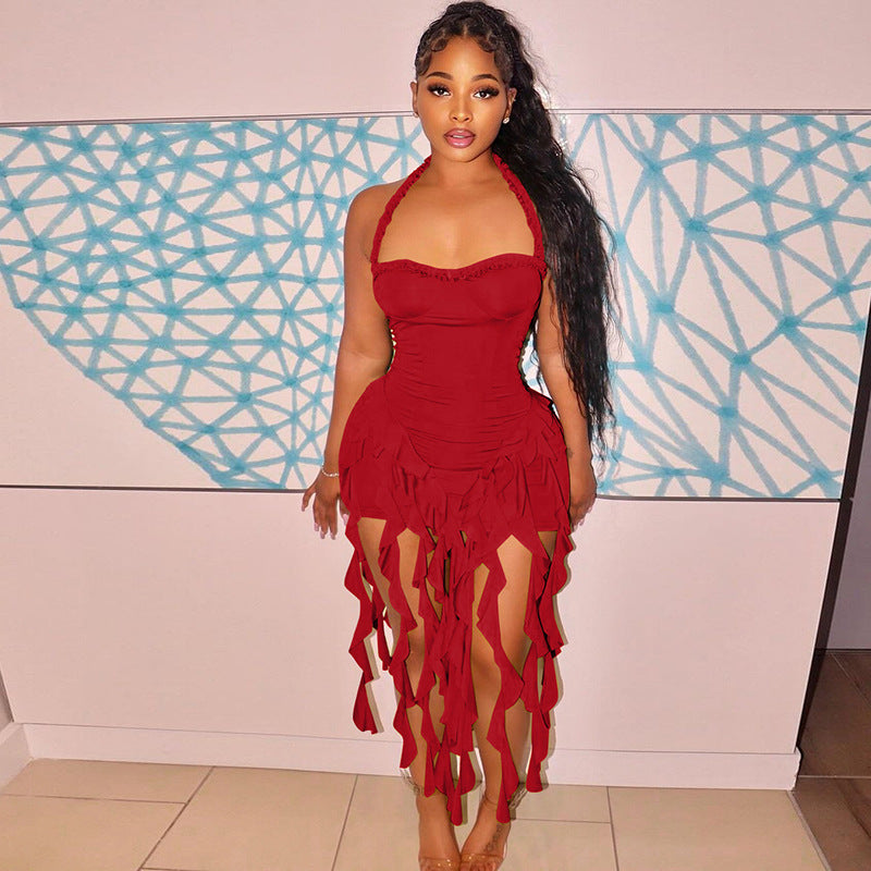 Women Sexy Halter Neck Sleeveless Backless Bodycon Irregular Dress 6