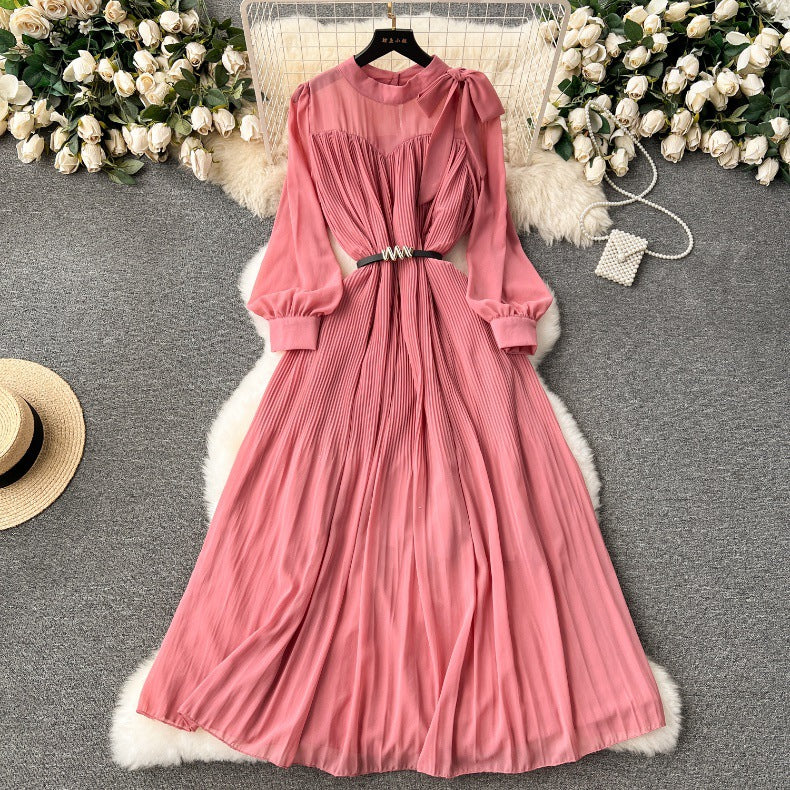Spring Women's Bow Pleated Chiffon Puff Sleeve Long Dress 6