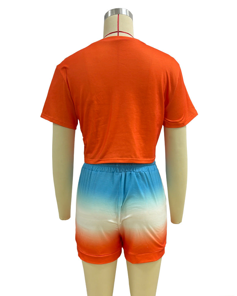 Women round neck printed short sleeve top and lace-up shorts two-piece set 8