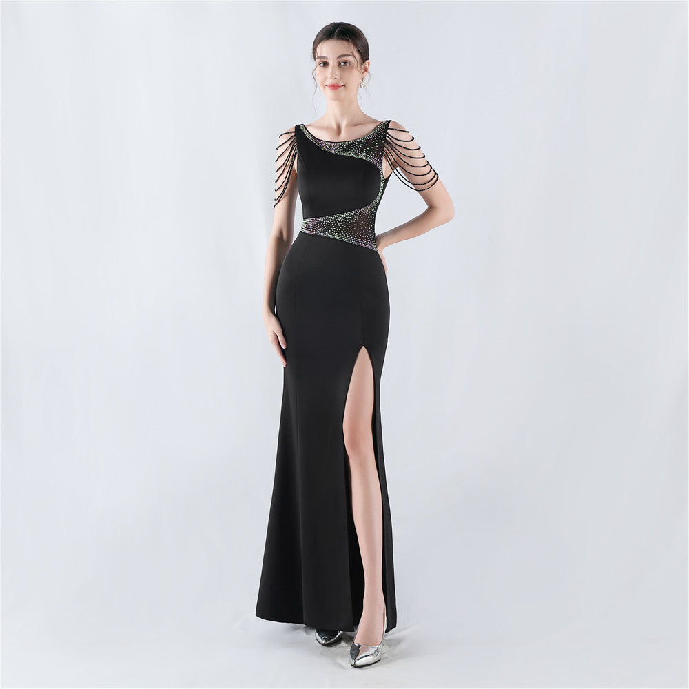 Women Beaded See-Through Mesh Split Evening Dress 14