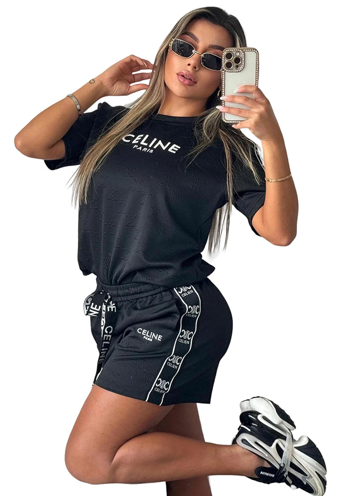Summer Fashion Women's Jacquard Embroidered Short Sleeve Multi-Color Belt Sports Shorts Set