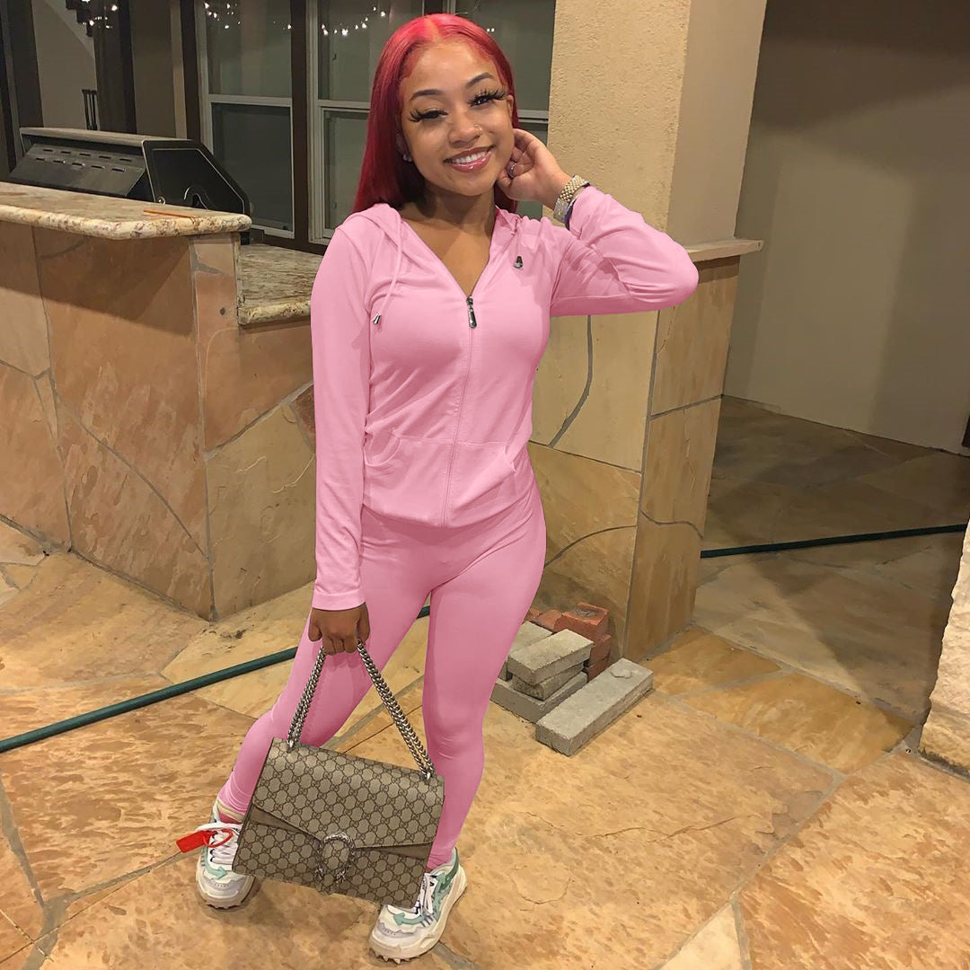 Women Summer Sports Hooded Full Sleeves Solid Pockets Regular Two Piece Pants Set 24