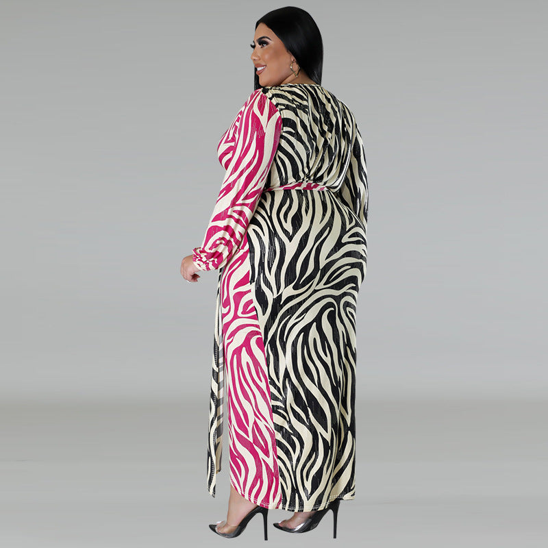 Plus Size Women Printed Two-Color Patchwork Lace-Up Irregular Sexy Dress 4