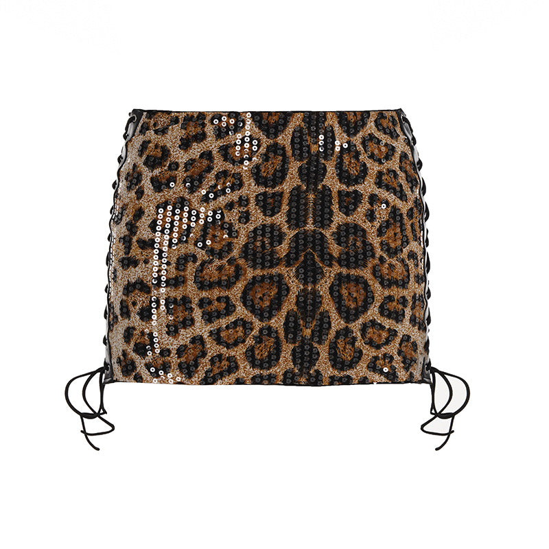 Sexy Side Lace-Up Leopard Print Bodycon Short Skirt with Sequins 8