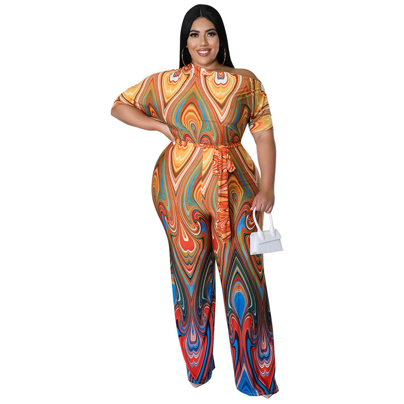 Plus Size Women's Summer Slash Shoulder Print Short Sleeve Wide Leg Jumpsuit 4