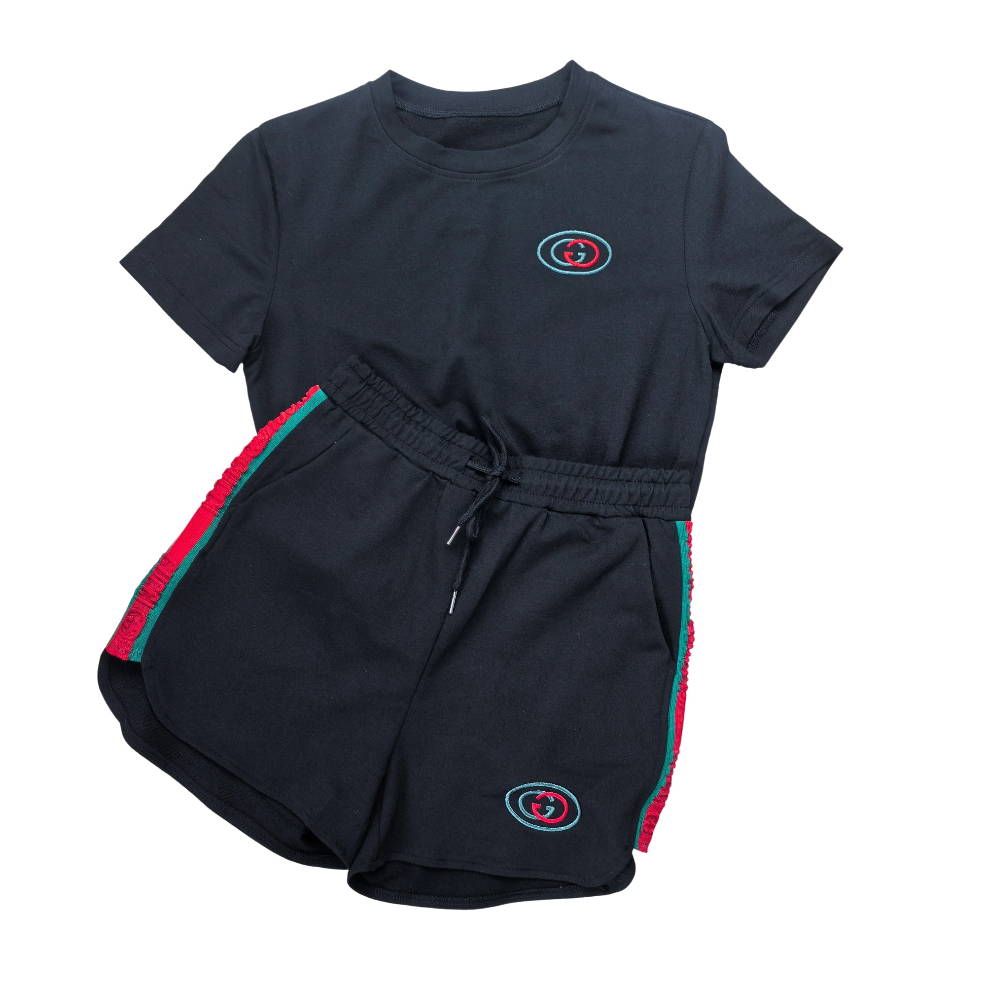 Women's Fashion Casual Cotton Trendy Embroidered Embossed Ribbon Short-Sleeved Shorts Set 13