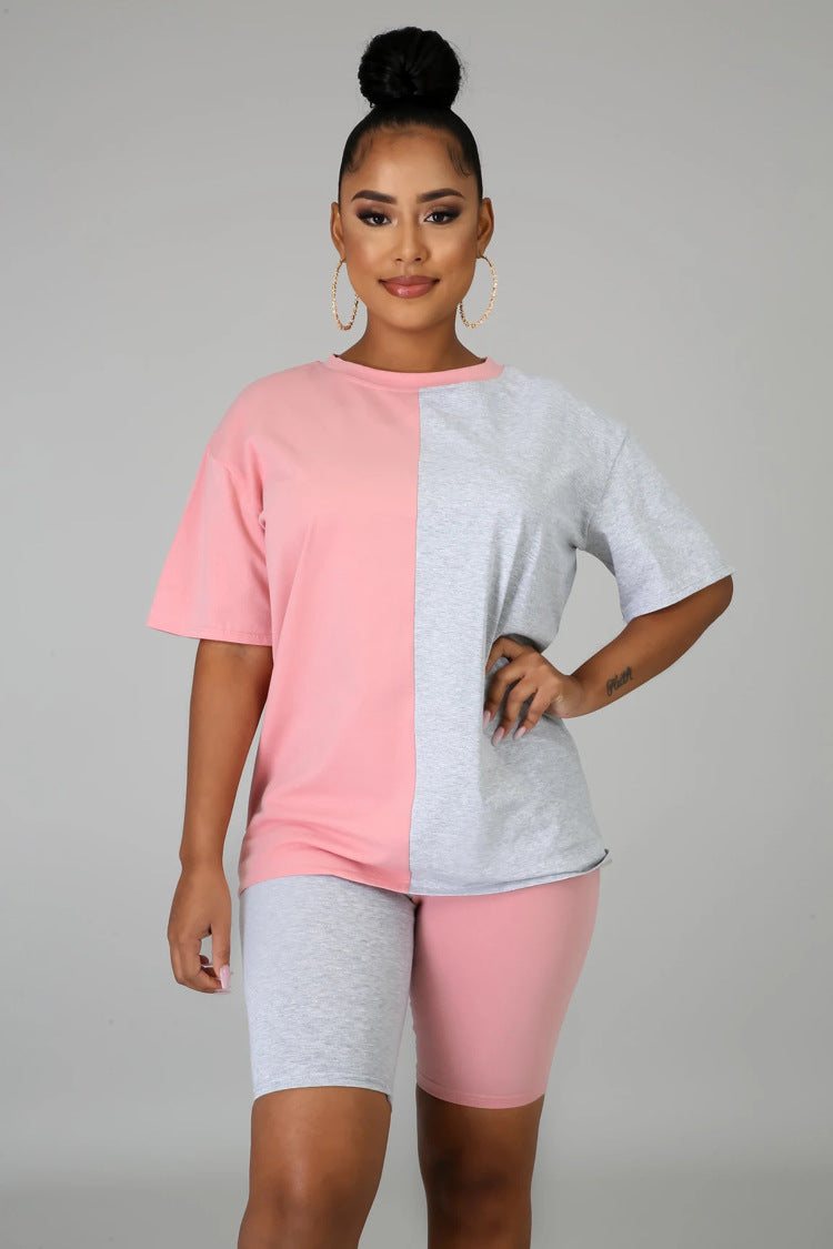 Women Summer Casual Color Block Round Neck Top and Shorts Two-piece Set 4