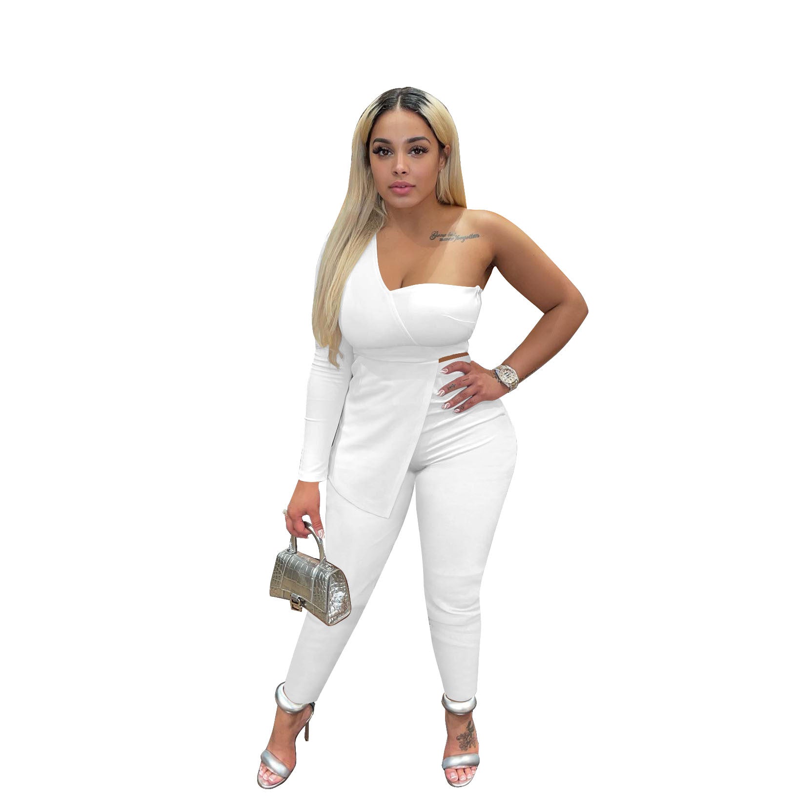 Women'S Fashion Sexy Slash Shoulder One Sleeve Simple Design Two Piece Pants Set 15