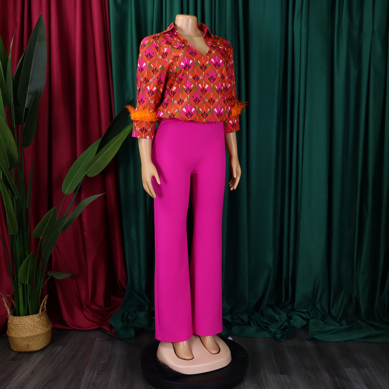 Women's Print Shirt Wide Leg Pants African Two-Piece Set 15