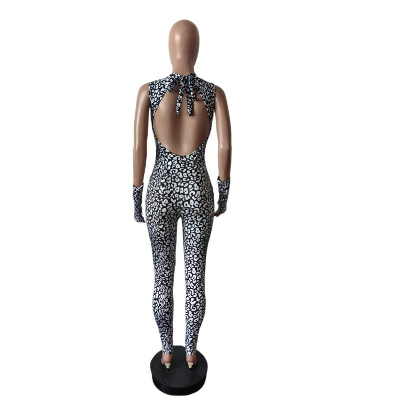 Women Leopard Print Sleeveless Halter Neck Backless Lace-Up Glove Jumpsuit 8