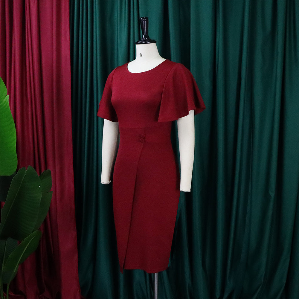 Autumn Professional Red Ruffle Sleeves Pencil Office Dress 5