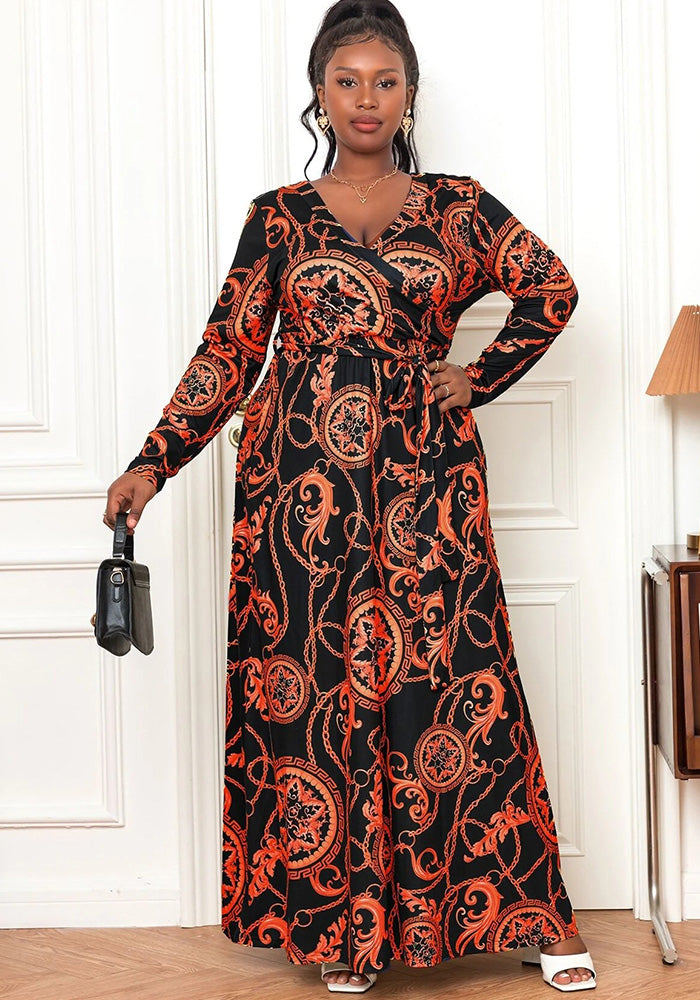 Plus Size Women's Sexy V-Neck Long Sleeve Bohemian Beach Long Dress