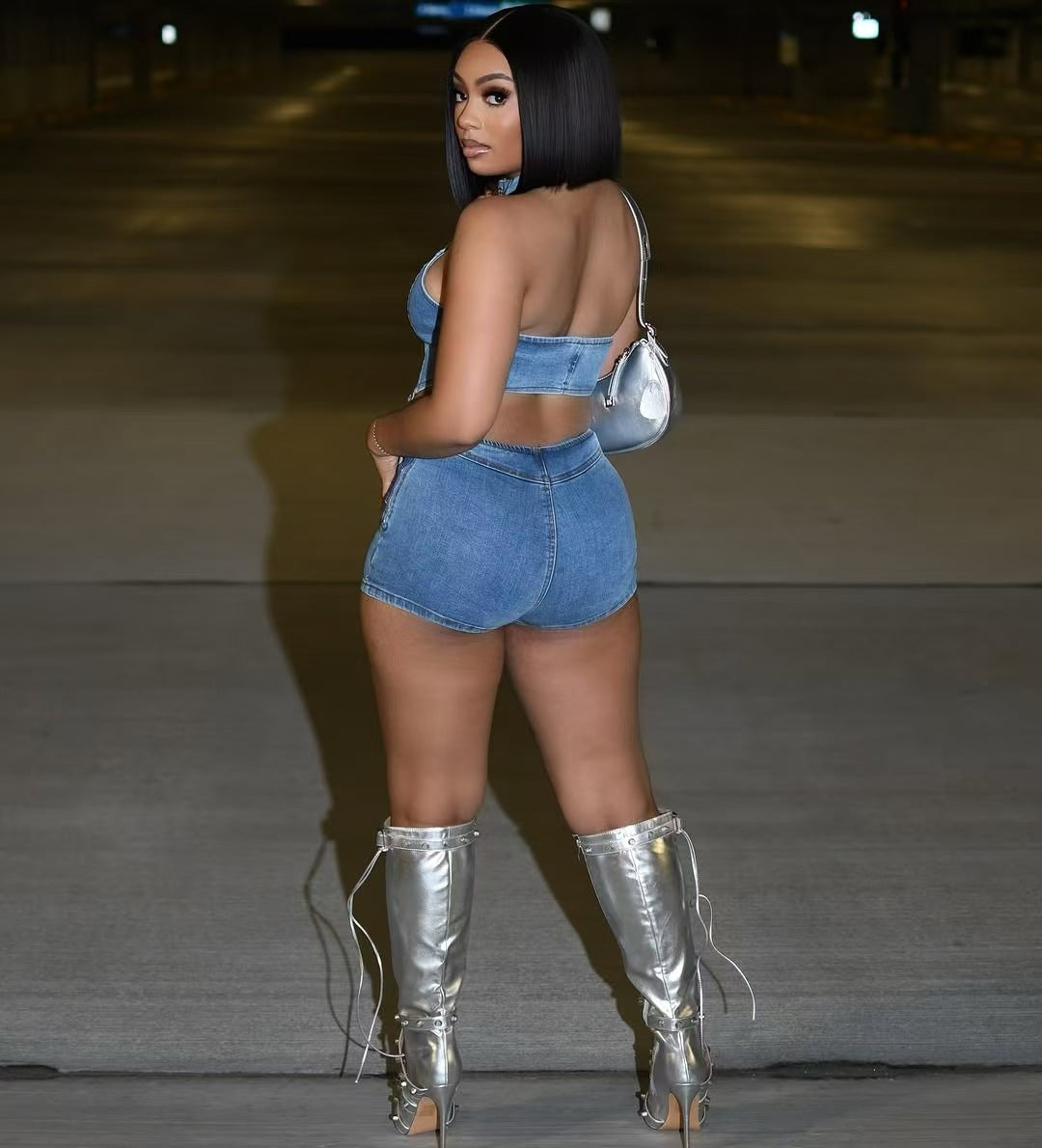 Women Denim Halter Neck Lace Top Stretchy Shorts Two-piece Set 3