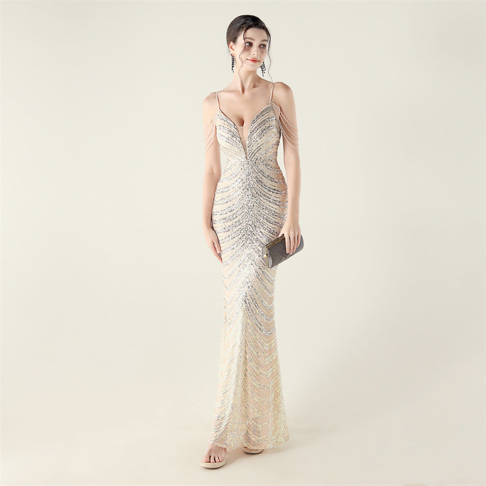 Plus Size Women V Neck Wave Gradient Beaded Beaded Formal Party Evening Dress 11