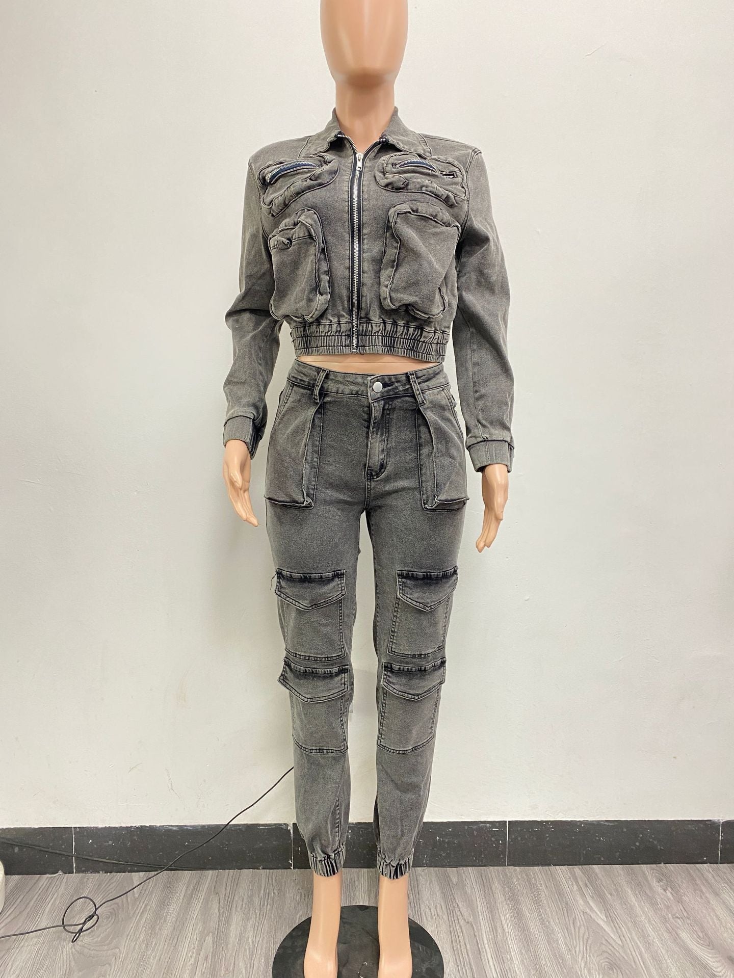 Women Stretch Washed Denim Cargo Top and Pant Casual Two-piece Set 4