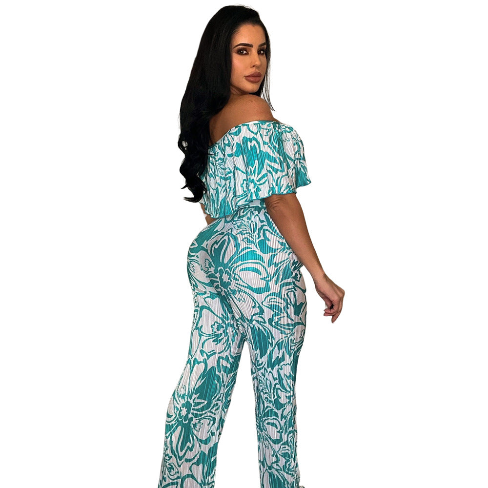 Women's Off Shoulder Wrap Crop Slim Waist Pants Two-Piece Set 6