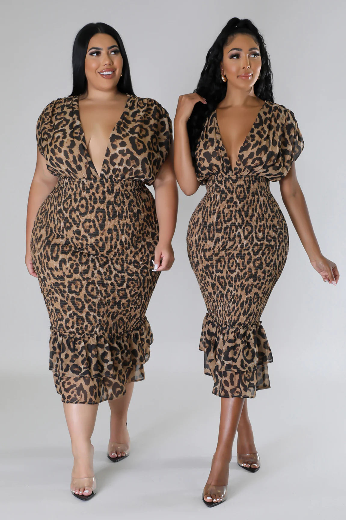 Summer v-neck Low Back Slim Fit leopard print Slim Waist sexy dress
