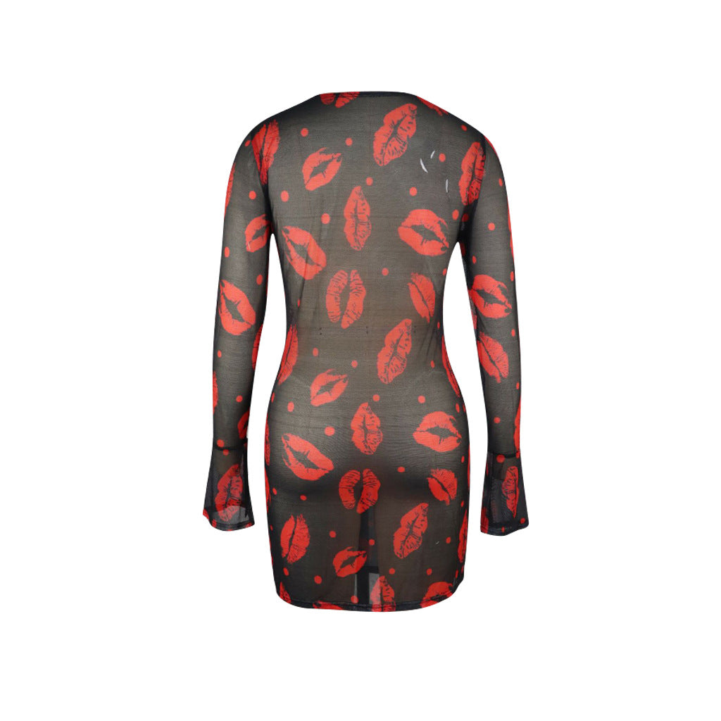 Women's Red Lip Print See-Through Mesh Club Dress 6