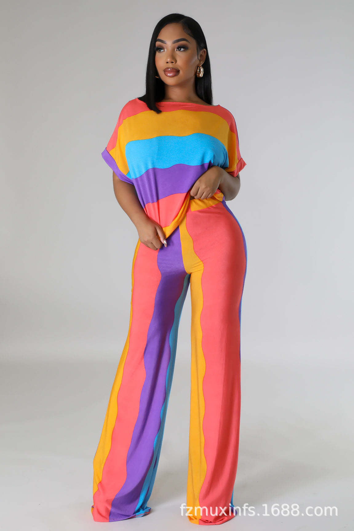 Stripe Printed Short Sleeve Loose Casual Two-Piece Pants Set 3