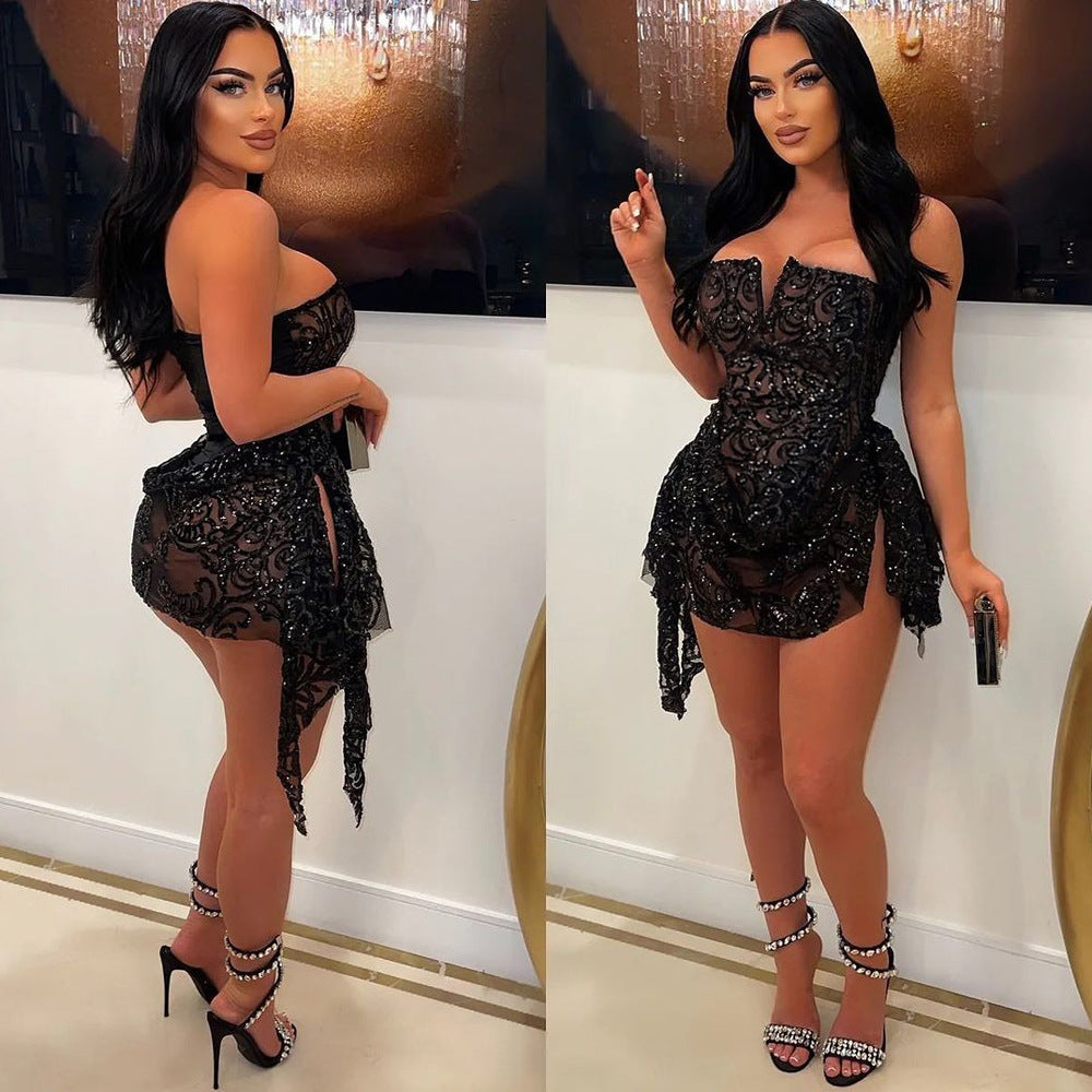 Women Sexy V-Neck Strapless See-Through Sequined Irregular Mini Dress 4