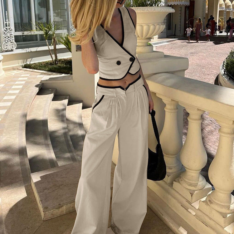 Color Matching Women's Sleeveless Vest Top High Waist Wide Leg Pants Two Piece Set 3