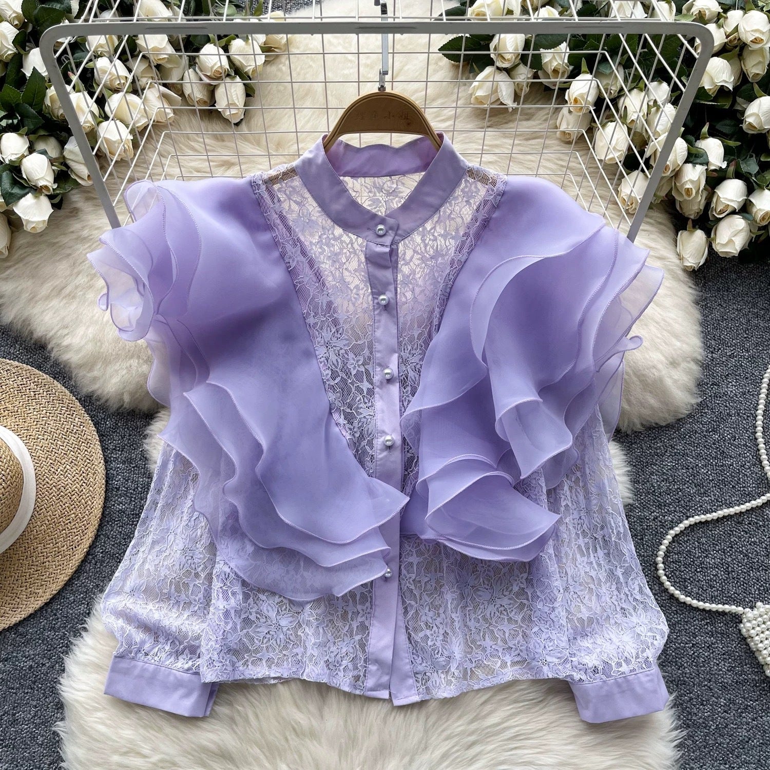 Luxury Ruffles Patchwork Round Neck Pearl Single-Breasted Lace Crop Top 11