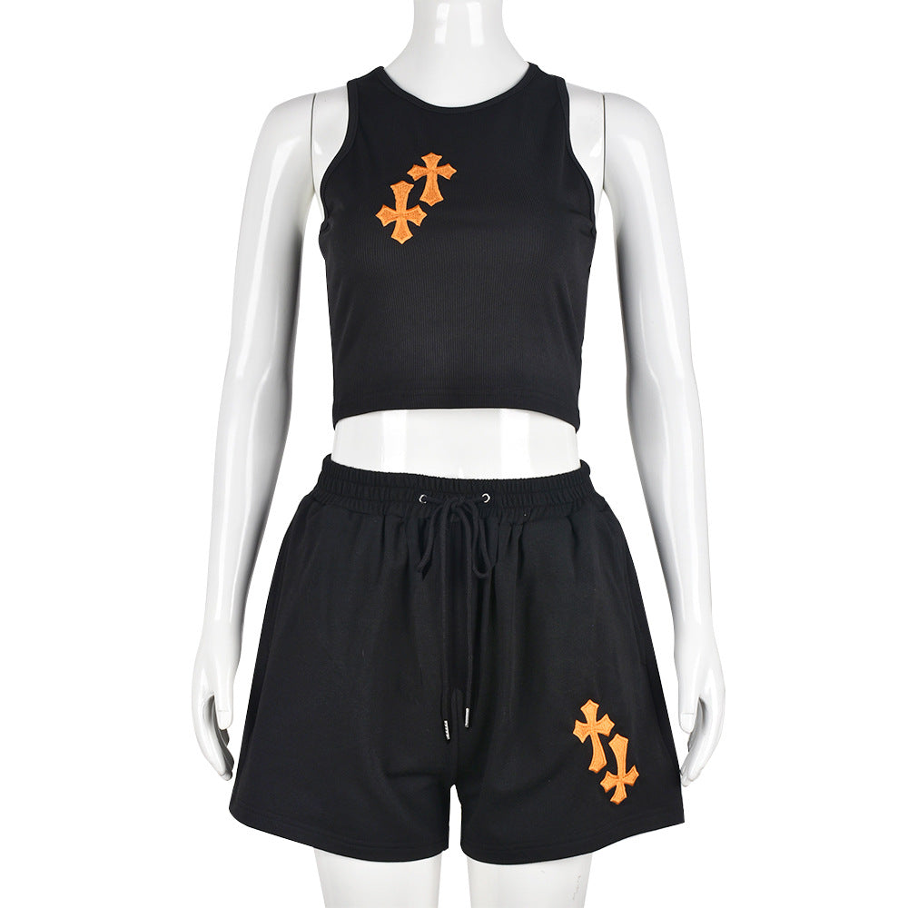 Nightclub Street Style Embroidered Cross Crop Tank Top Shorts Women's Outfit 9