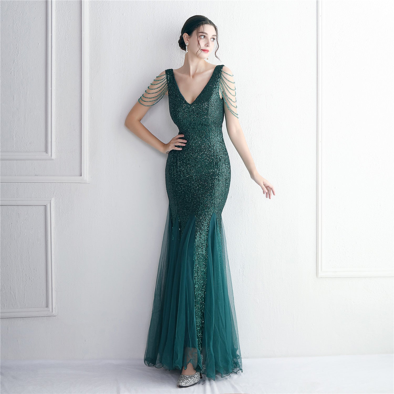 Beaded Mesh Evening Dress Long Formal Party Slim Evening Dress 3