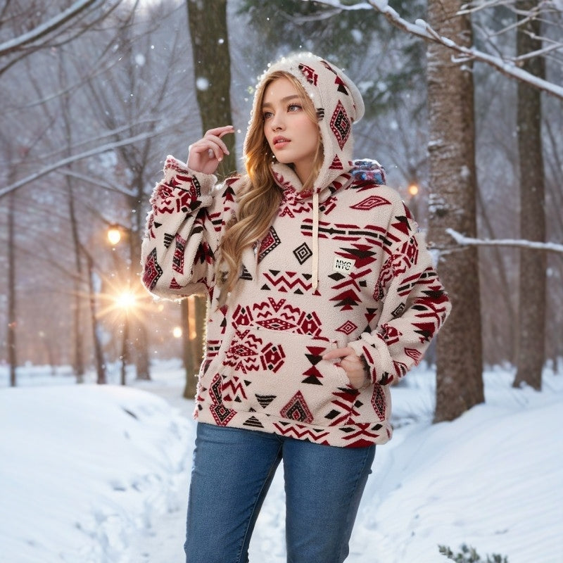 Autumn Winter Plus Size Hooded Top Women's Pocket Fluffy Hoodies 3