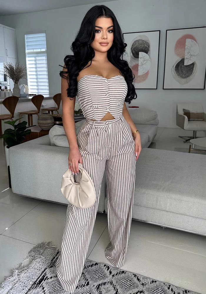 Women Backless Striped Sleeveless Strapless Top and Pants Two-piece Set
