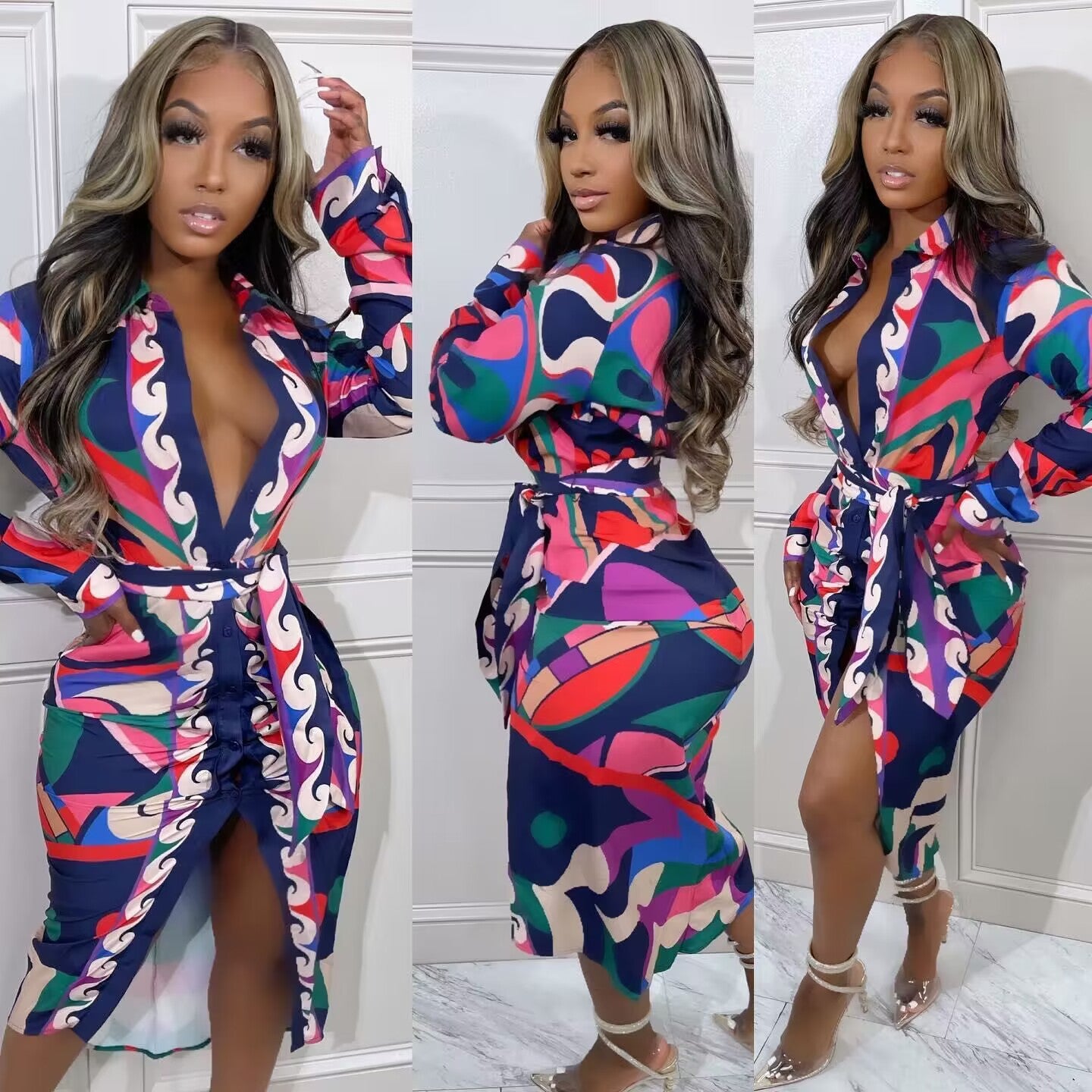 Women's Chic Career Long Sleeve Printed Slim Waist Casual Shirt Dress with Belt