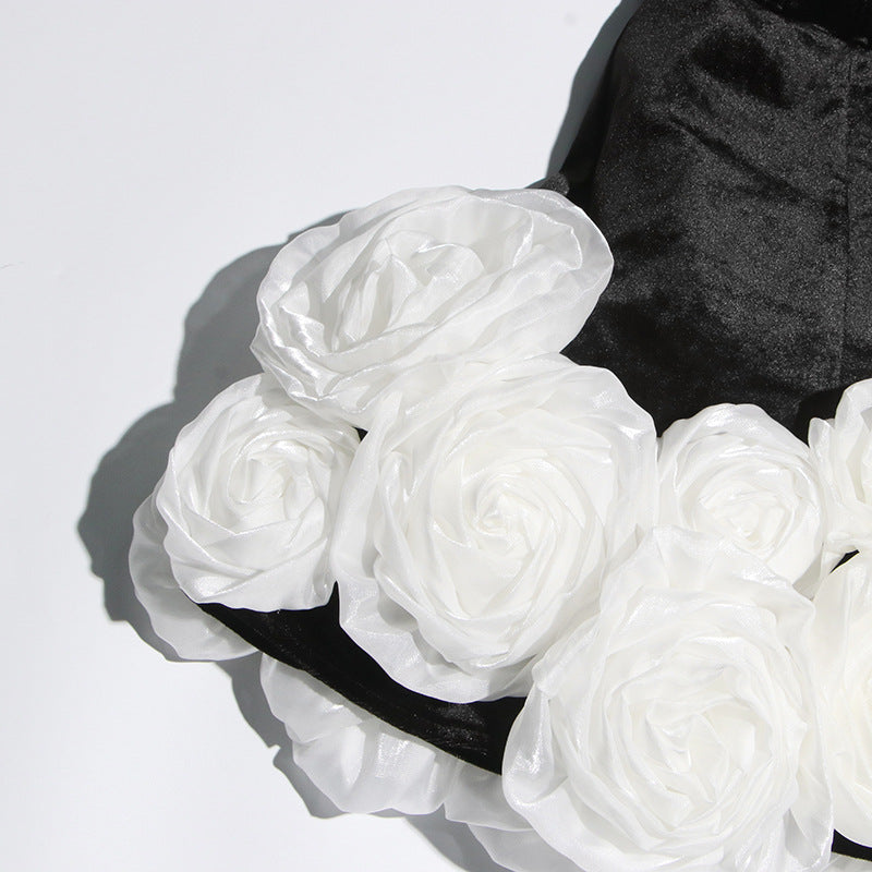 Women sexy velvet wrap chest white rose puffy dress 13