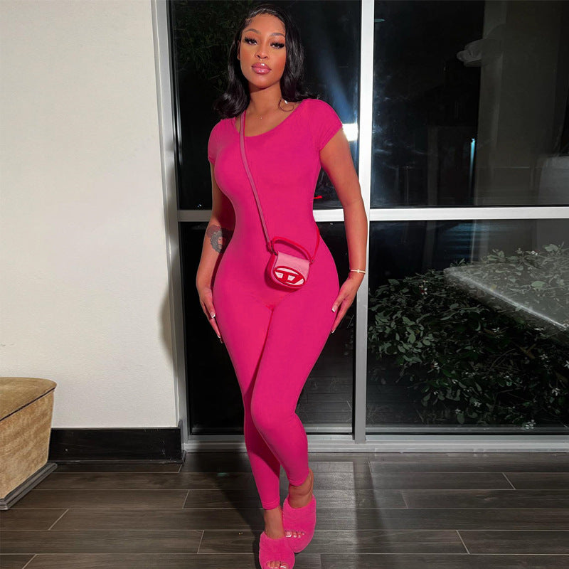 Summer Women Solid Short Sleeve Backless Jumpsuit 4