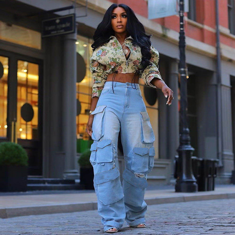 Autumn Crop Drawstring Flower Jacquard Long-Sleeved Women Jacket 3