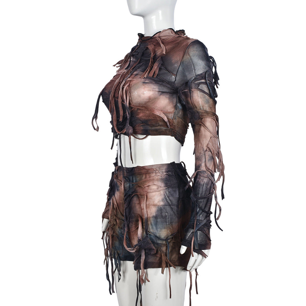 Autumn Crop Tie-Dyed Long Sleeve Slim Two Piece Skirt Set For Women 5